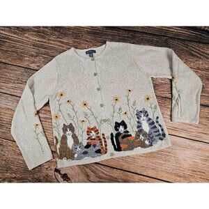 VTG NORTERN ISLES Linen Blend Women M Grandmacore Cats Flowers Knit Cardigan EUC